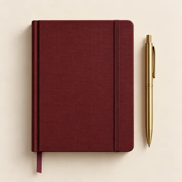 Bordo defter ve pirinç kalem