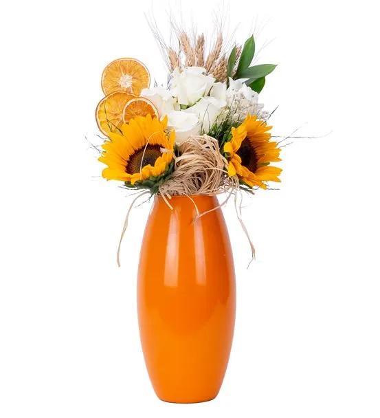 Orange Glow Ayçiçeği ve Beyaz Gül Aranjmanı