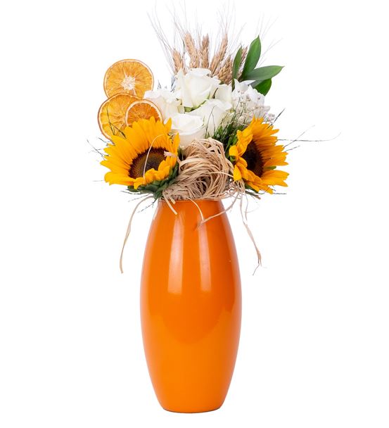 Orange Glow Ayçiçeği ve Beyaz Gül Aranjmanı